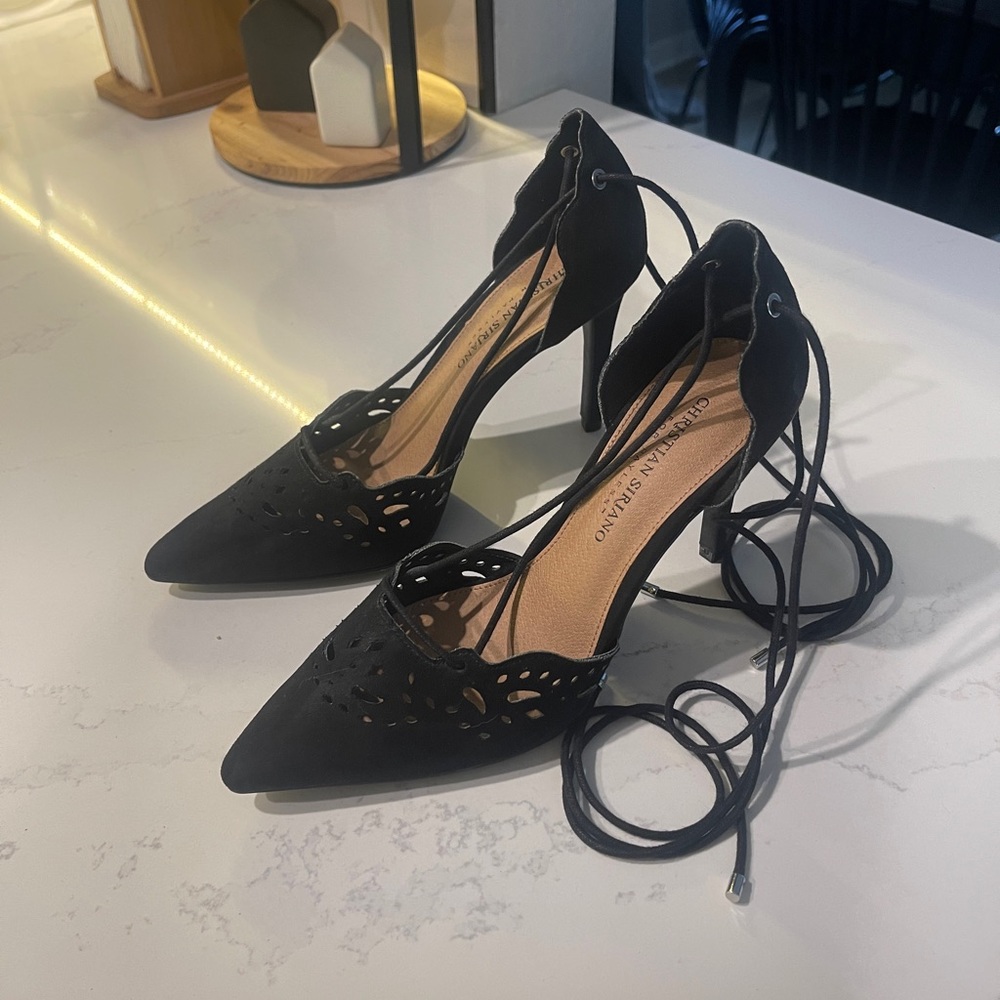 Christian Siriano Josephine Lasercut Tie Up Strappy Suede Stiletto Heel size 7.5